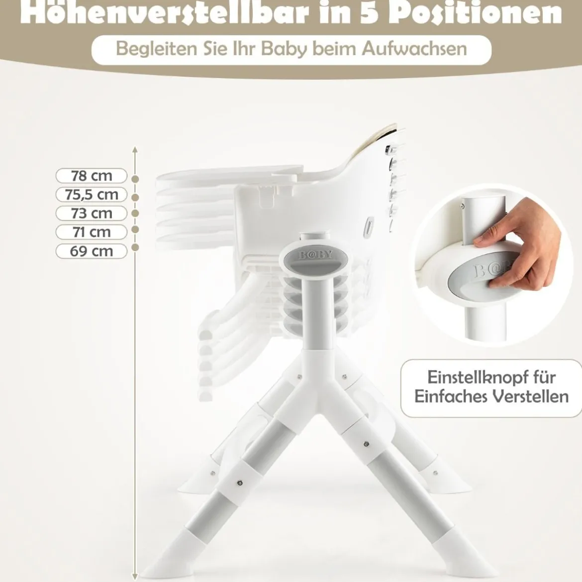 4 in 1 Babystuhl Babyhochstuhl Umwandelbar mit 5-Fach Verstellbarer Höhe Beige