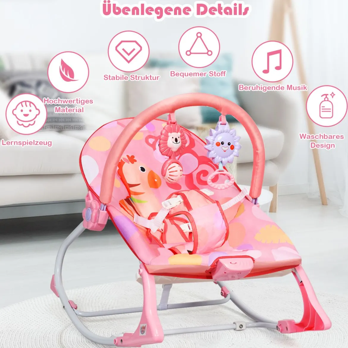 3 in 1 Babywippe & Babyschaukel & Babyliegestuhl Baby Schaukelwippe mit Vibrationsmodi Rosa
