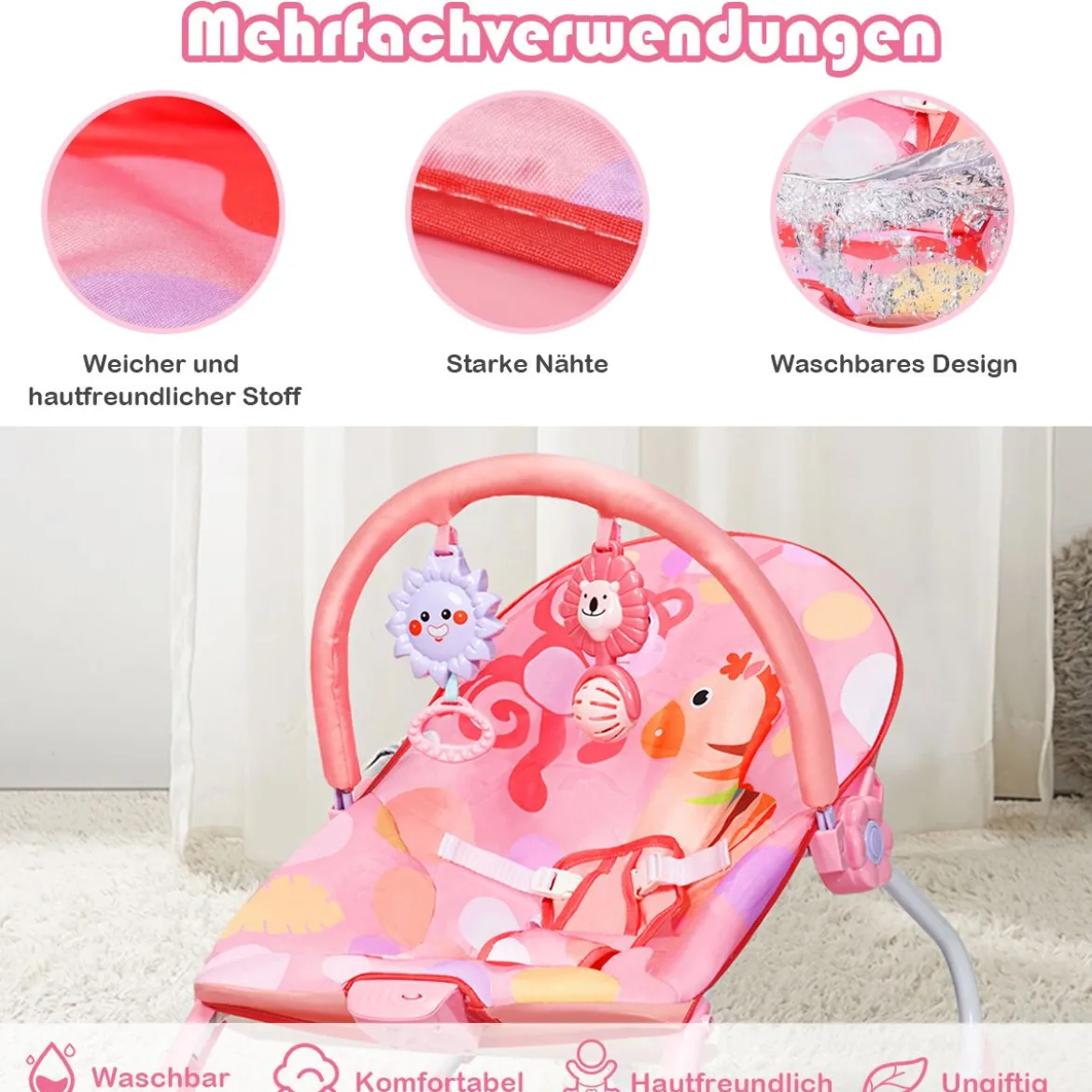 3 in 1 Babywippe & Babyschaukel & Babyliegestuhl Baby Schaukelwippe mit Vibrationsmodi Rosa