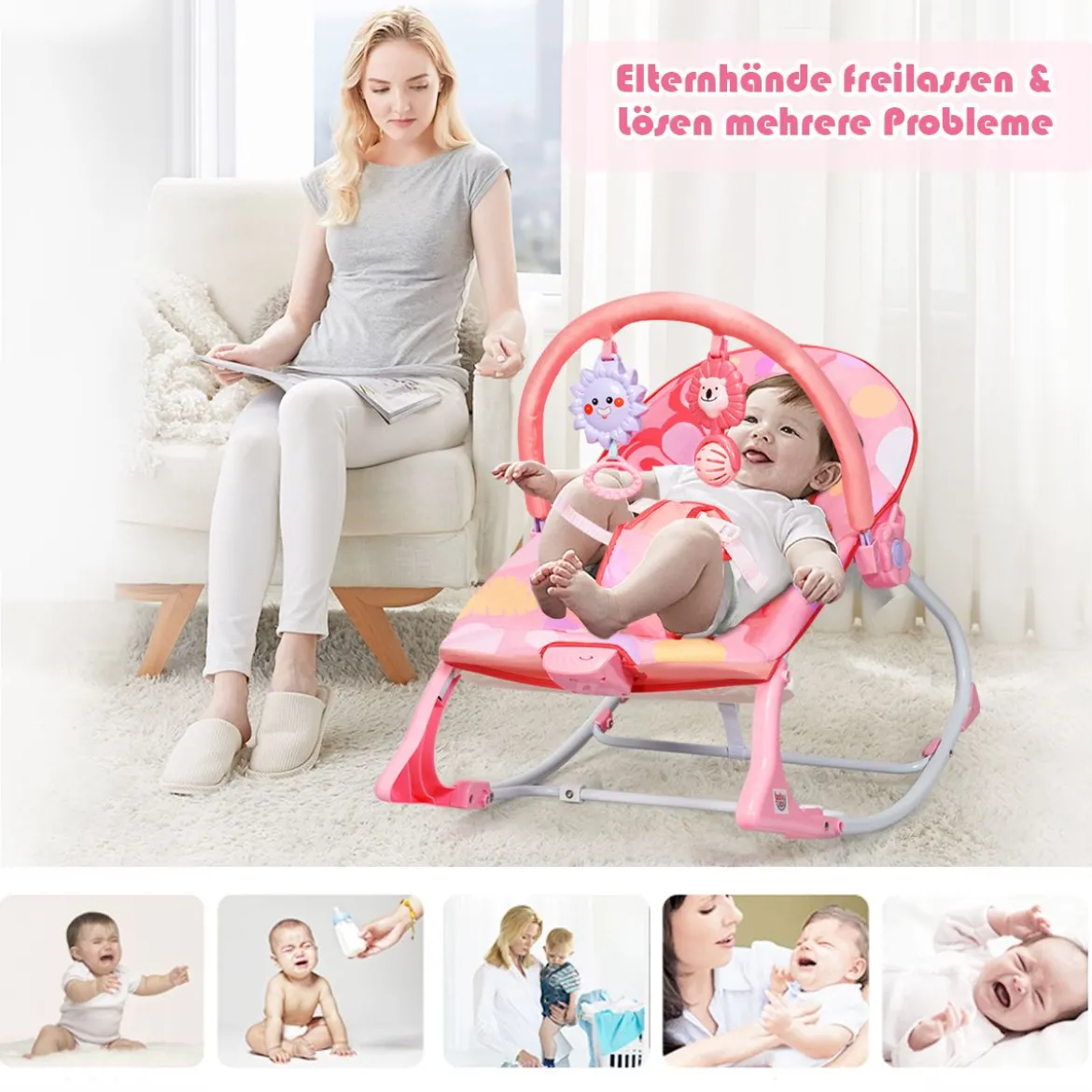 3 in 1 Babywippe & Babyschaukel & Babyliegestuhl Baby Schaukelwippe mit Vibrationsmodi Rosa