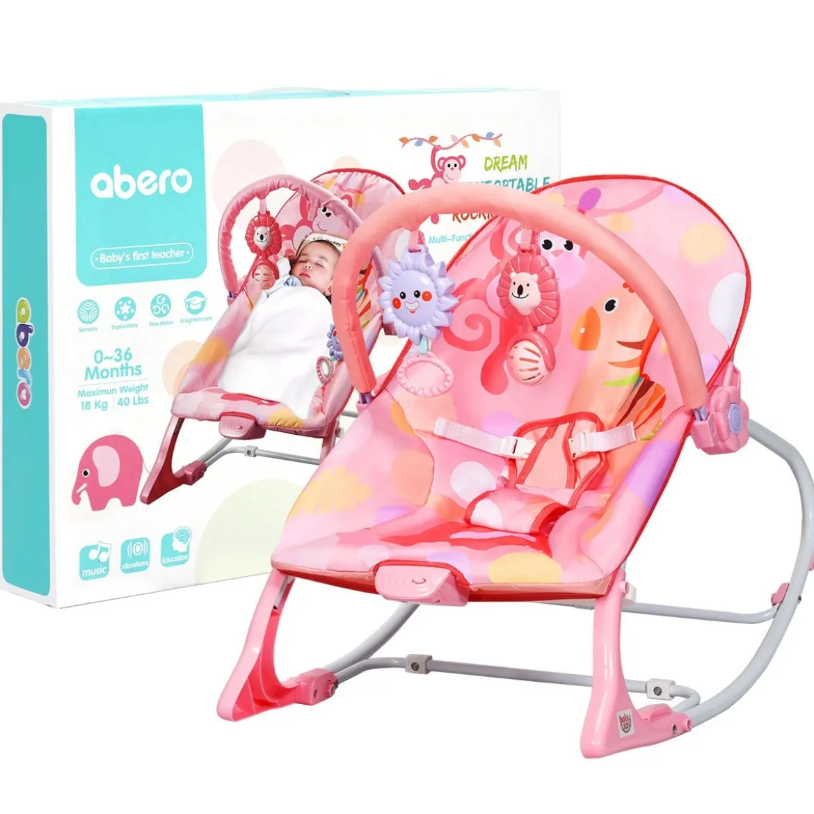 3 in 1 Babywippe & Babyschaukel & Babyliegestuhl Baby Schaukelwippe mit Vibrationsmodi Rosa