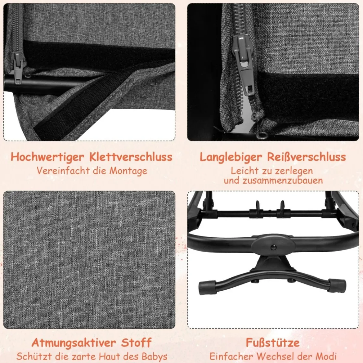 2 in 1 Babywippe und Babyschaukel klappbar Babyliegestuhl mit 2 verstellbaren Liegepositionen bis 15 kg Grau