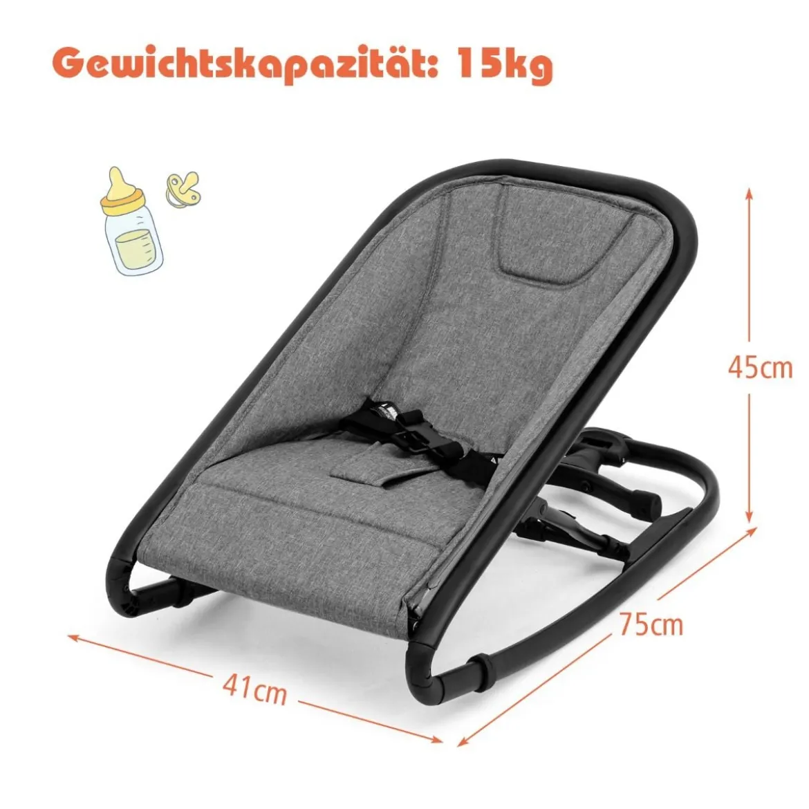 2 in 1 Babywippe und Babyschaukel klappbar Babyliegestuhl mit 2 verstellbaren Liegepositionen bis 15 kg Grau