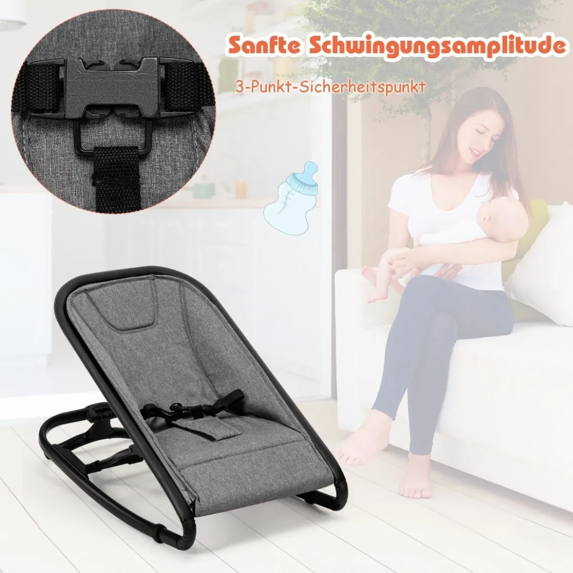 2 in 1 Babywippe und Babyschaukel klappbar Babyliegestuhl mit 2 verstellbaren Liegepositionen bis 15 kg Grau