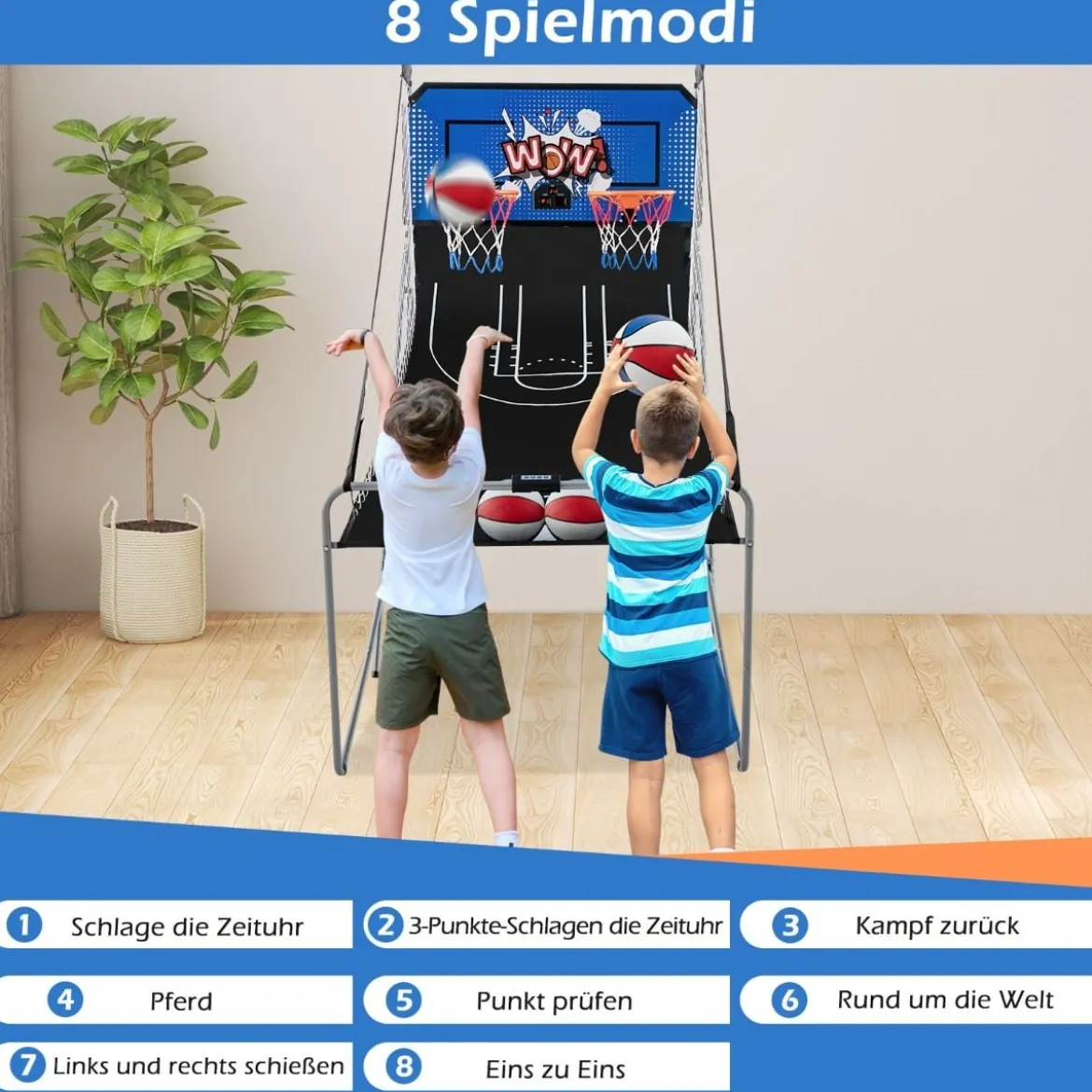 8 in 1 Basketballautomat Klappbarer Elektrischer Baskeltballständer Schießmaschine Blau