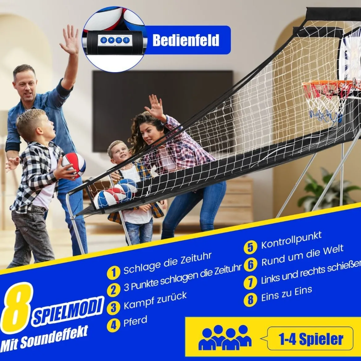 8 in 1 Basketballautomat mit 4 Bällen & Luftpumpe & 8 Spielmodi Arcade Basketballspiele Rot