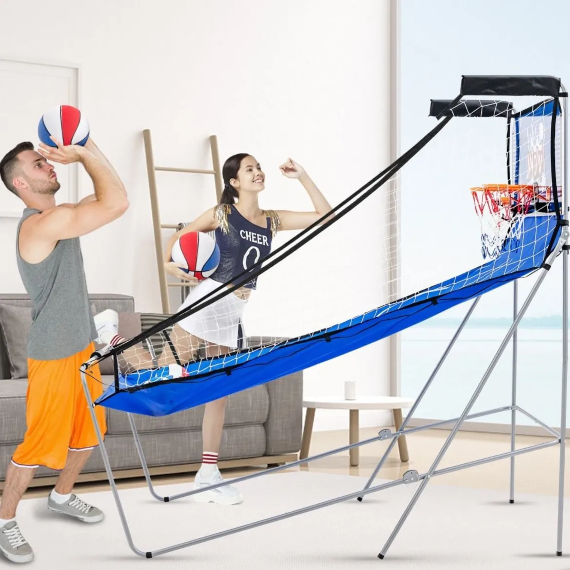8 in 1 Basketballautomat mit 4 Bällen & Luftpumpe & 8 Spielmodi Arcade Basketballspiele Blau + Weiß