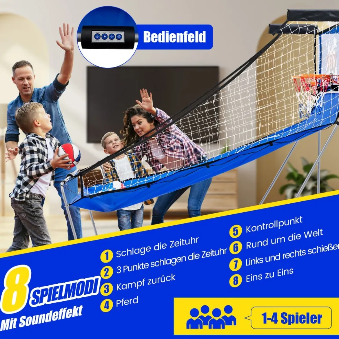 8 in 1 Basketballautomat mit 4 Bällen & Luftpumpe & 8 Spielmodi Arcade Basketballspiele Blau + Weiß