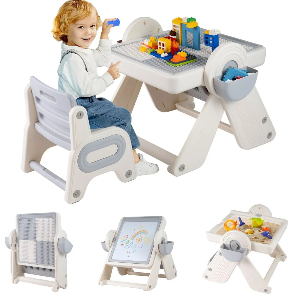 6 in 1 Bauklotztisch & Staffelei Set mit Wendbarer Tischplatte Kunststaffelei Spieltisch Grau