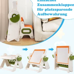 6 in 1 Bauklotztisch & Staffelei Set mit Wendbarer Tischplatte Kunststaffelei Spieltisch Orange