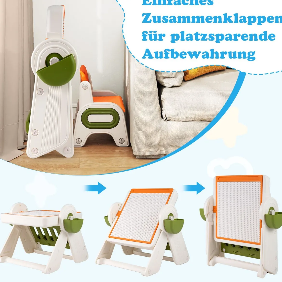 6 in 1 Bauklotztisch & Staffelei Set mit Wendbarer Tischplatte Kunststaffelei Spieltisch Orange