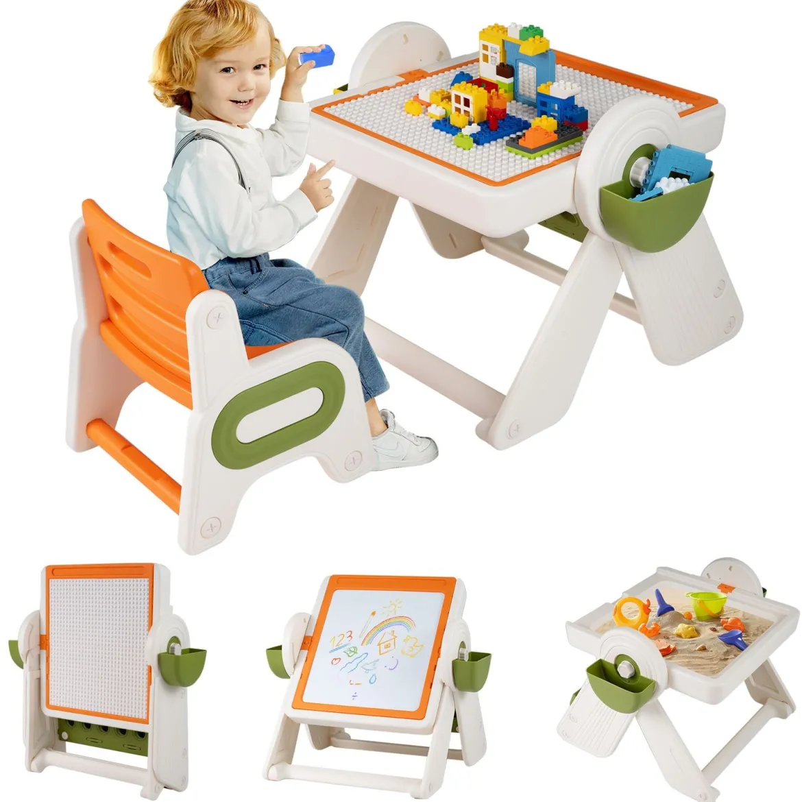 6 in 1 Bauklotztisch & Staffelei Set mit Wendbarer Tischplatte Kunststaffelei Spieltisch Orange