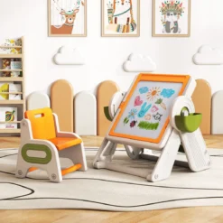 6 in 1 Bauklotztisch & Staffelei Set mit Wendbarer Tischplatte Kunststaffelei Spieltisch Orange