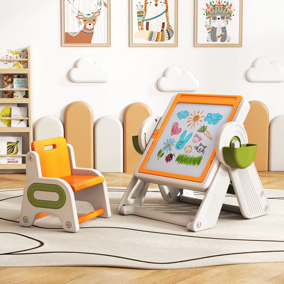 6 in 1 Bauklotztisch & Staffelei Set mit Wendbarer Tischplatte Kunststaffelei Spieltisch Orange