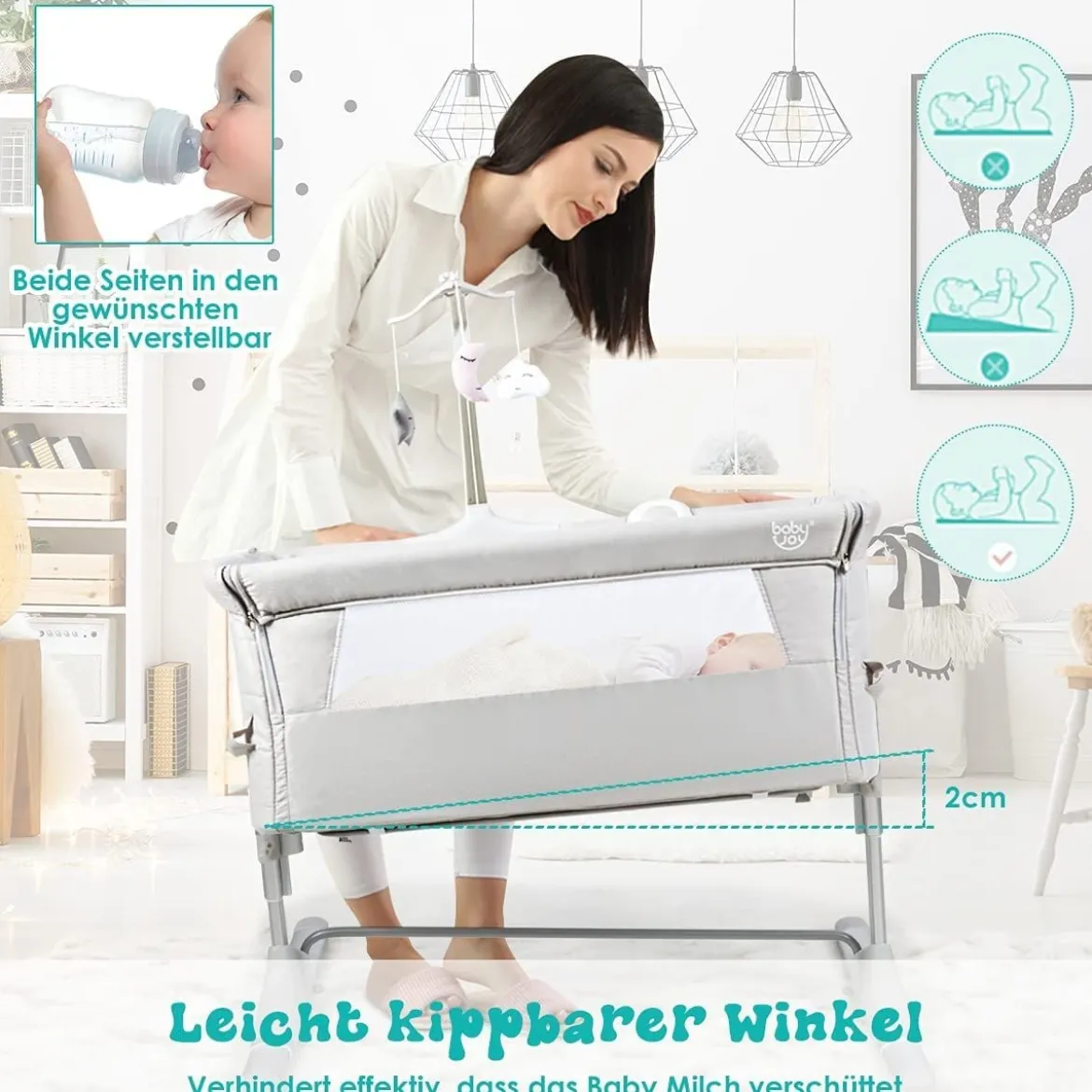 2 in 1 Beistellbett & Babybett höhenverstellbar Kinderbett 97 x 50 - 70 x 67 - 85 cm Weiß