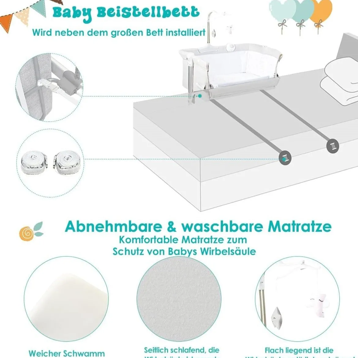 2 in 1 Beistellbett & Babybett höhenverstellbar Kinderbett 97 x 50 - 70 x 67 - 85 cm Weiß