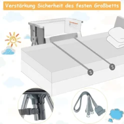 3 in 1 Beistellbett & Babywiege Babybett mit 7-fach verstellbarer Höhe Hellgrau