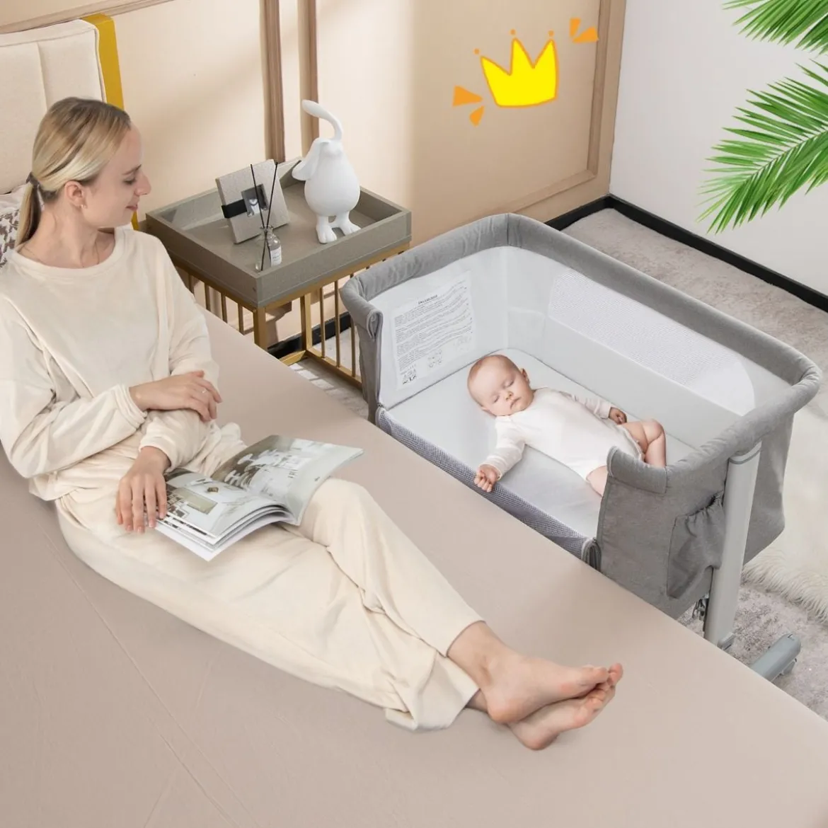 3 in 1 Beistellbett & Babywiege & Reisebett 5-stufig Höhenverstellbares Babybett Rosa/Beige/Grau/Hellgrau