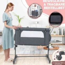 3 in 1 Beistellbett & Babywiege & Reisebett 5-stufig Höhenverstellbares Babybett Rosa/Beige/Grau/Hellgrau