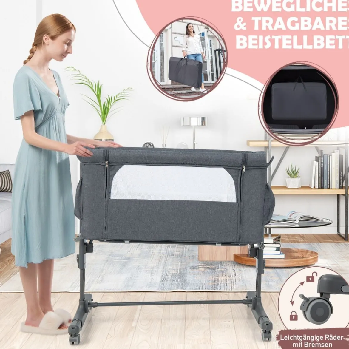 3 in 1 Beistellbett & Babywiege & Reisebett 5-stufig Höhenverstellbares Babybett Rosa/Beige/Grau/Hellgrau