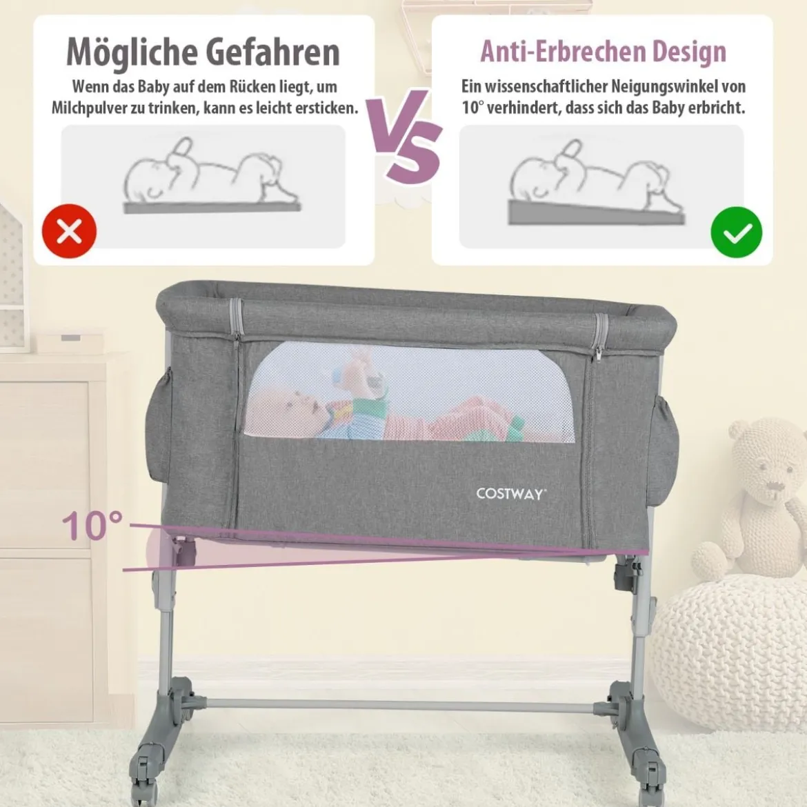 3 in 1 Beistellbett & Babywiege & Reisebett 5-stufig Höhenverstellbares Babybett Rosa/Beige/Grau/Hellgrau