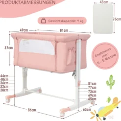 3 in 1 Beistellbett & Babywiege & Reisebett 5-stufig Höhenverstellbares Babybett Rosa/Beige/Grau/Hellgrau