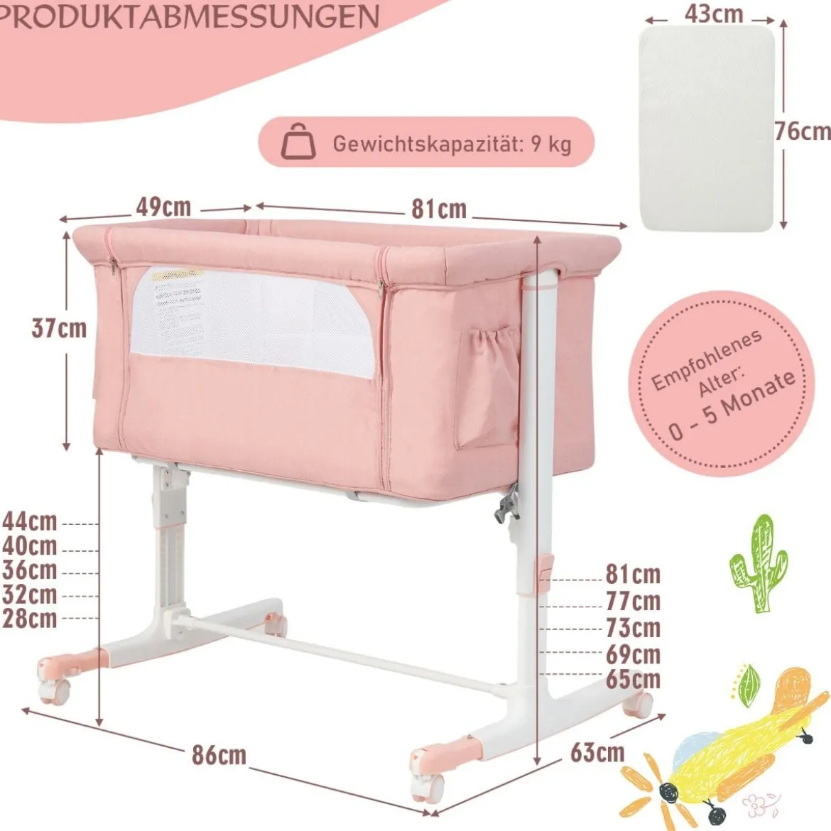 3 in 1 Beistellbett & Babywiege & Reisebett 5-stufig Höhenverstellbares Babybett Rosa/Beige/Grau/Hellgrau