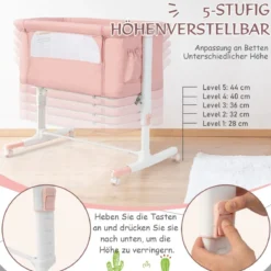 3 in 1 Beistellbett & Babywiege & Reisebett 5-stufig Höhenverstellbares Babybett Rosa/Beige/Grau/Hellgrau