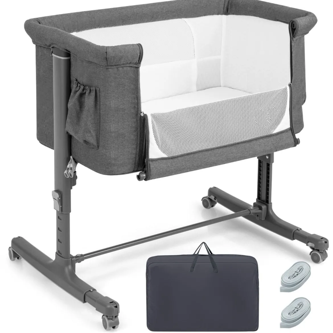 3 in 1 Beistellbett & Babywiege & Reisebett 5-stufig Höhenverstellbares Babybett Rosa/Beige/Grau/Hellgrau