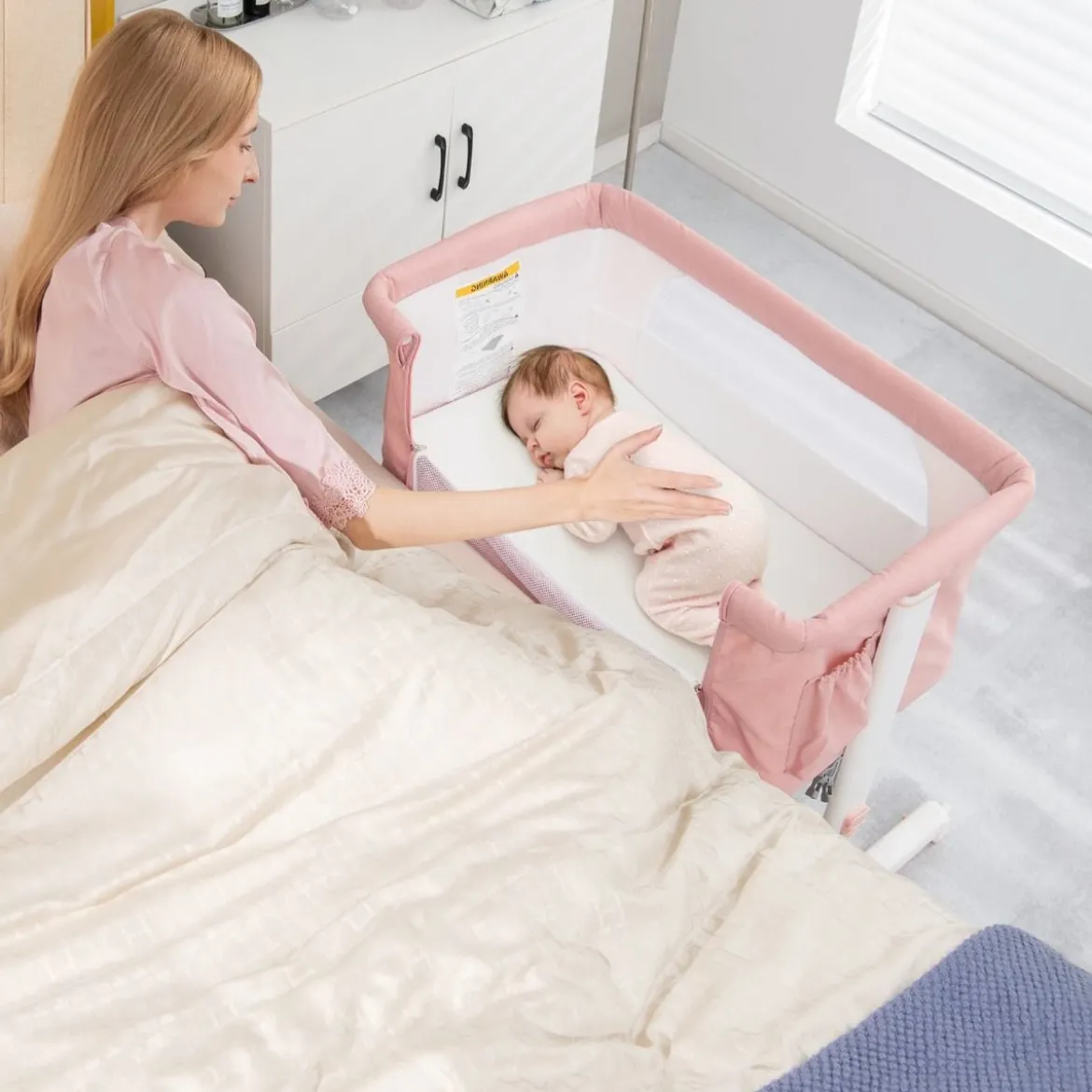 3 in 1 Beistellbett & Babywiege & Reisebett 5-stufig Höhenverstellbares Babybett Rosa/Beige/Grau/Hellgrau