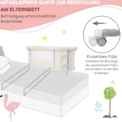 3 in 1 Beistellbett & Babywiege & Reisebett 5-stufig Höhenverstellbares Babybett Rosa/Beige/Grau/Hellgrau
