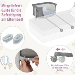 3 in 1 Beistellbett & Babywiege & Reisebett 5-stufig Höhenverstellbares Babybett Rosa/Beige/Grau/Hellgrau