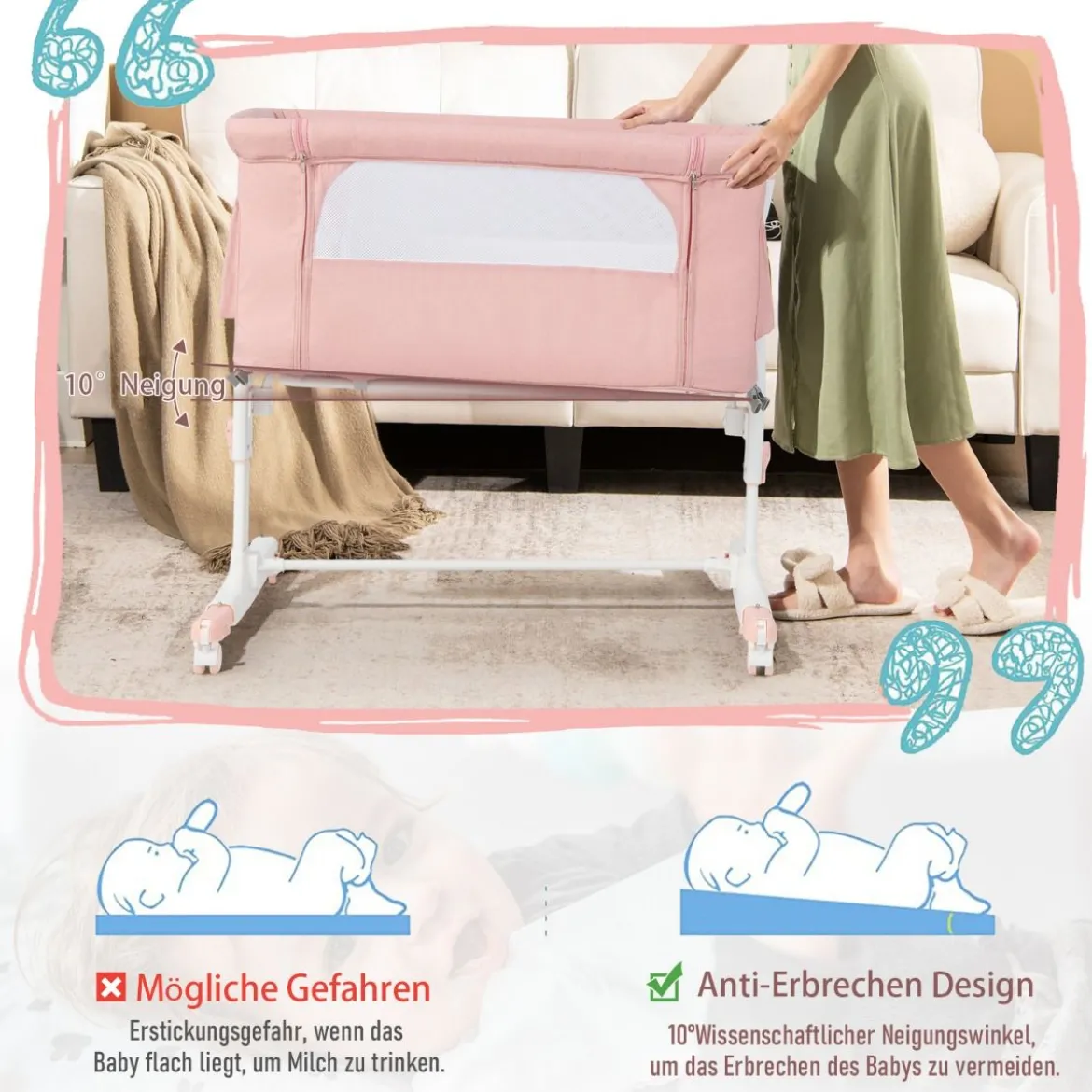 3 in 1 Beistellbett & Babywiege & Reisebett 5-stufig Höhenverstellbares Babybett Rosa/Beige/Grau/Hellgrau