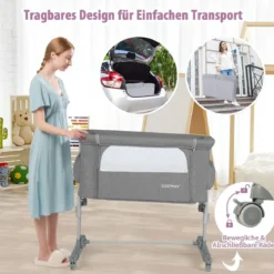 3 in 1 Beistellbett & Babywiege & Reisebett 5-stufig Höhenverstellbares Babybett Rosa/Beige/Grau/Hellgrau