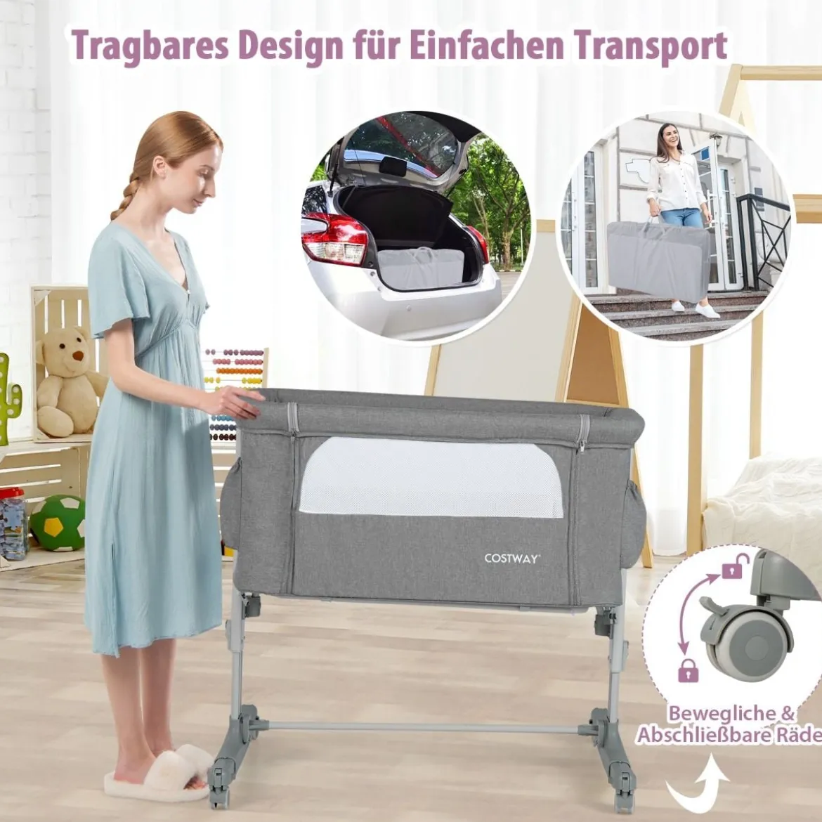 3 in 1 Beistellbett & Babywiege & Reisebett 5-stufig Höhenverstellbares Babybett Rosa/Beige/Grau/Hellgrau