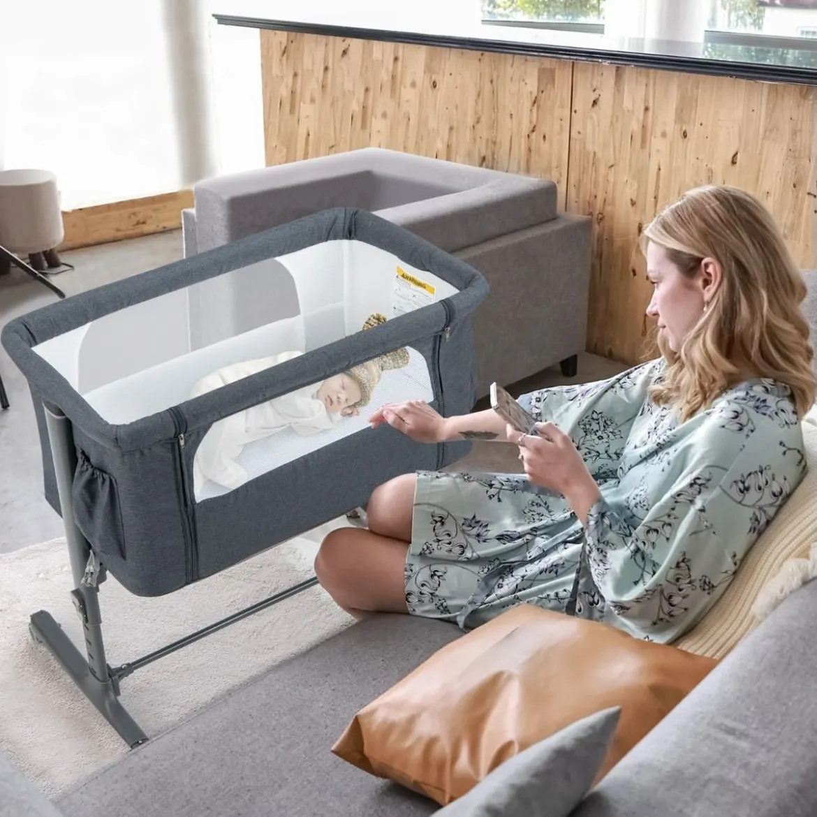 3 in 1 Beistellbett & Babywiege & Reisebett 5-stufig Höhenverstellbares Babybett Rosa/Beige/Grau/Hellgrau