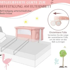 3 in 1 Beistellbett & Babywiege & Reisebett 5-stufig Höhenverstellbares Babybett Rosa/Beige/Grau/Hellgrau