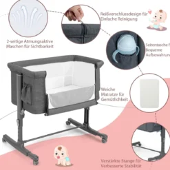 3 in 1 Beistellbett & Babywiege & Reisebett 5-stufig Höhenverstellbares Babybett Rosa/Beige/Grau/Hellgrau