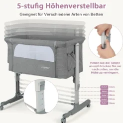 3 in 1 Beistellbett & Babywiege & Reisebett 5-stufig Höhenverstellbares Babybett Rosa/Beige/Grau/Hellgrau