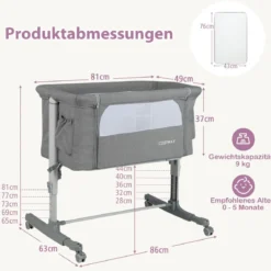 3 in 1 Beistellbett & Babywiege & Reisebett 5-stufig Höhenverstellbares Babybett Rosa/Beige/Grau/Hellgrau