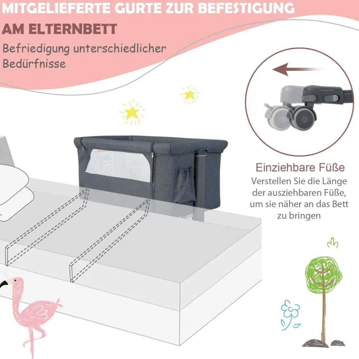 3 in 1 Beistellbett & Babywiege & Reisebett 5-stufig Höhenverstellbares Babybett Rosa/Beige/Grau/Hellgrau
