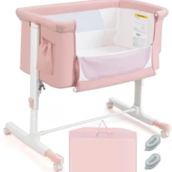 3 in 1 Beistellbett & Babywiege & Reisebett 5-stufig Höhenverstellbares Babybett Rosa/Beige/Grau/Hellgrau
