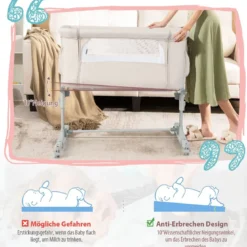 3 in 1 Beistellbett & Babywiege & Reisebett 5-stufig Höhenverstellbares Babybett Rosa/Beige/Grau/Hellgrau