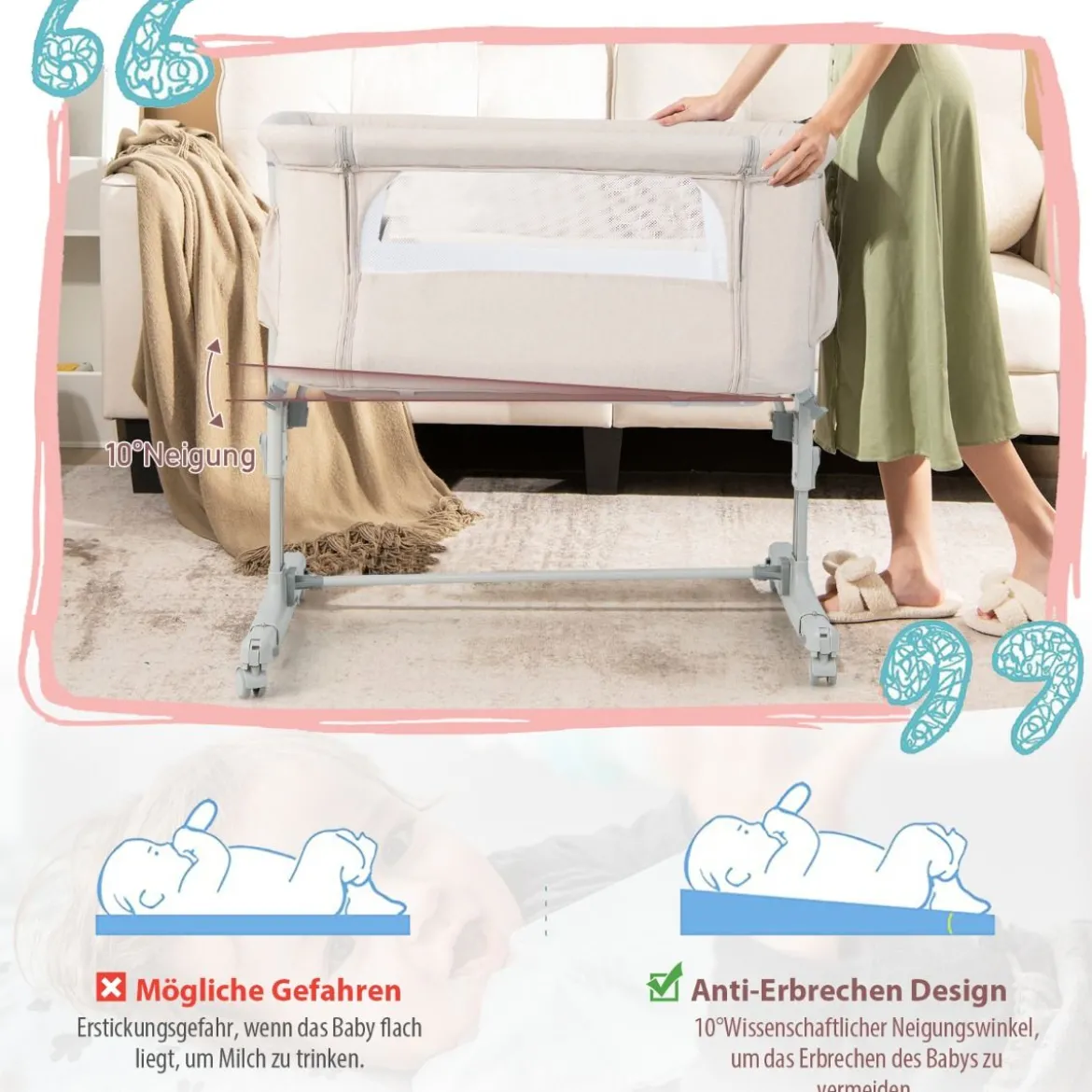 3 in 1 Beistellbett & Babywiege & Reisebett 5-stufig Höhenverstellbares Babybett Rosa/Beige/Grau/Hellgrau