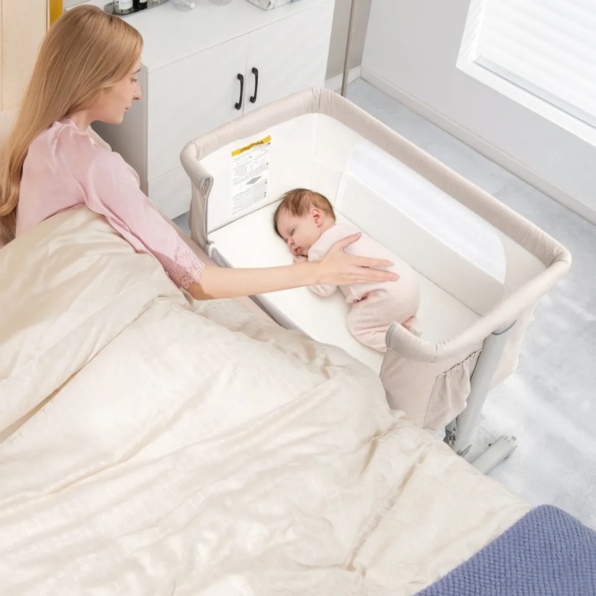 3 in 1 Beistellbett & Babywiege & Reisebett 5-stufig Höhenverstellbares Babybett Rosa/Beige/Grau/Hellgrau