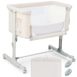 3 in 1 Beistellbett & Babywiege & Reisebett 5-stufig Höhenverstellbares Babybett Rosa/Beige/Grau/Hellgrau