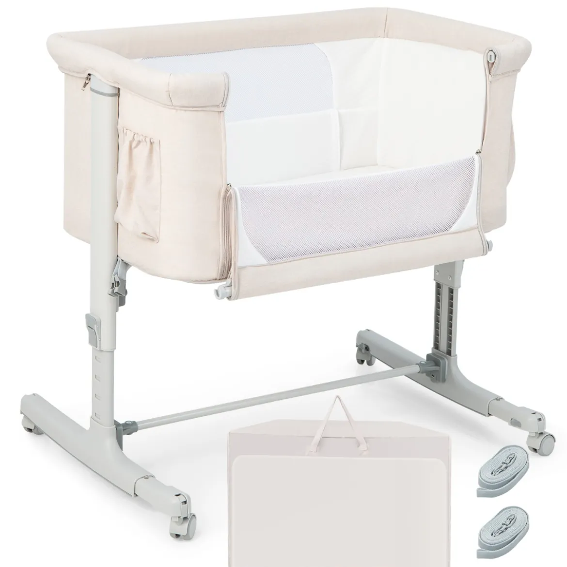 3 in 1 Beistellbett & Babywiege & Reisebett 5-stufig Höhenverstellbares Babybett Rosa/Beige/Grau/Hellgrau
