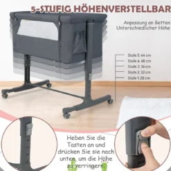 3 in 1 Beistellbett & Babywiege & Reisebett 5-stufig Höhenverstellbares Babybett Rosa/Beige/Grau/Hellgrau