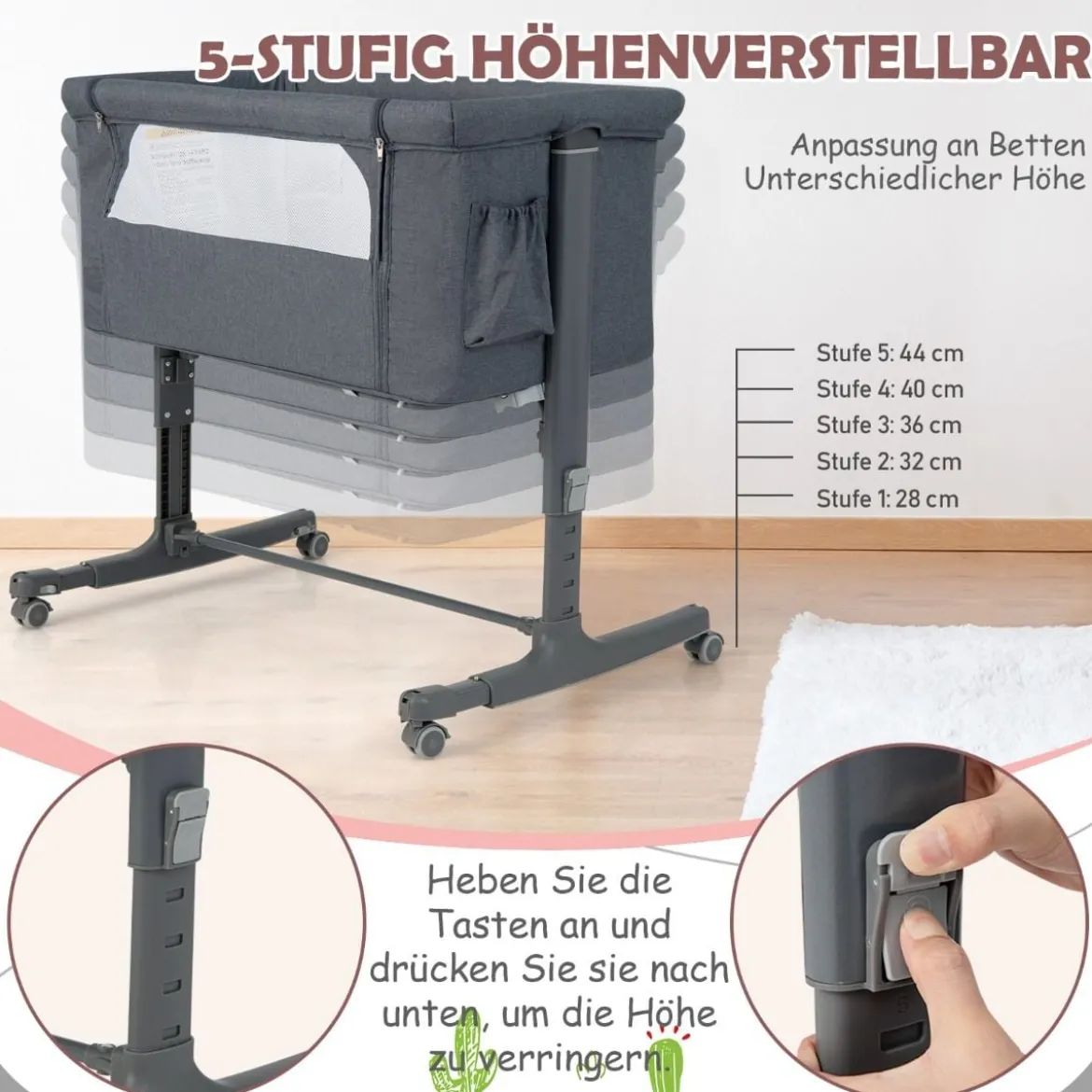3 in 1 Beistellbett & Babywiege & Reisebett 5-stufig Höhenverstellbares Babybett Rosa/Beige/Grau/Hellgrau