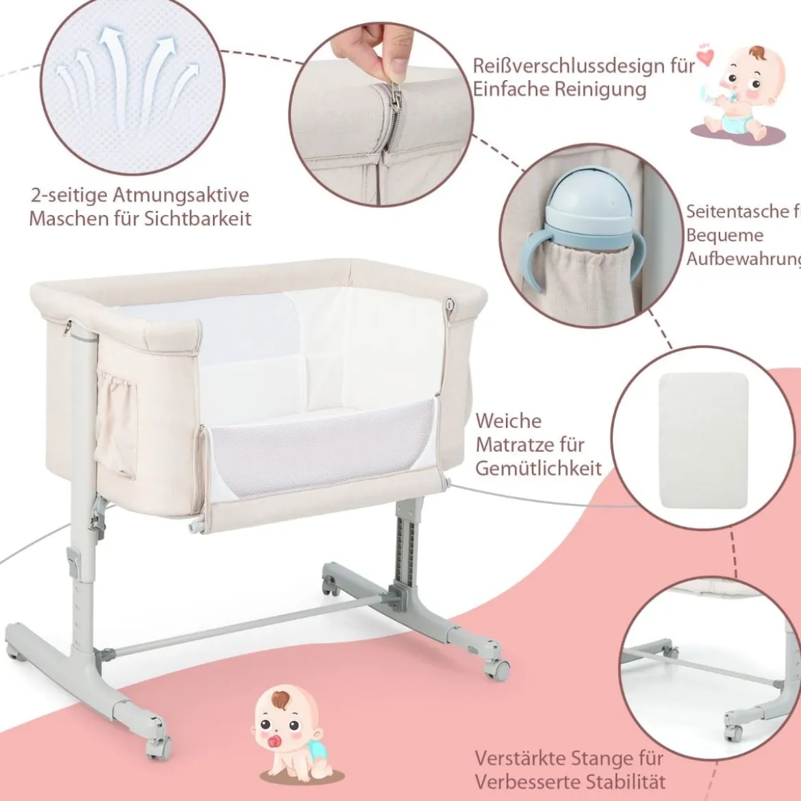 3 in 1 Beistellbett & Babywiege & Reisebett 5-stufig Höhenverstellbares Babybett Rosa/Beige/Grau/Hellgrau